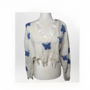 Just Polly Butterfly Frayed Cropped Sweater Cute Soft Size Medium